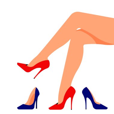 Kırmızı topuklu ince kadın bacakları. Kırmızı topuklu ayakkabılar ince ayaklı. Yerde farklı topuklar var. Alışveriş, moda, ayakkabı, gardırop kavramı. Pankart, kapak, poster için vektör illüstrasyonu.