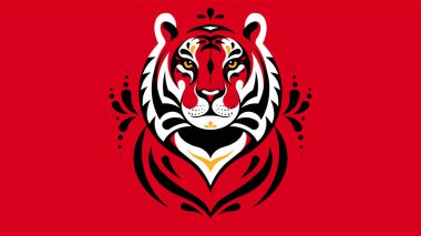 Kaplan kafalı. Çizgisel soyut kaplan yüzü. Poster, arkaplan, amblem, maskot için geometrik soyut hayvan. Safari, orman, hayvanat bahçesi kavramı. Çin burcunun sembolü. Sakin ağızlık, kırmızı renk..