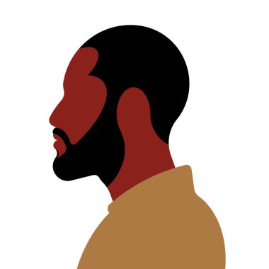 Siyah, Afrikalı, Amerikalı, orta yaşlı. Beyaz arka planda erkek portresi. Hardal tişörtlü, soyut sakallı kişi. Profil görünümü. Poster, kapak, rapor için illüstrasyon. Şablon.