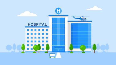 Hastanedeyiz. İnsanların doktorlar ve hemşireler tarafından tedavi edilip bakıldığı tıbbi bir bina. Çatısı helikopterli çok katlı bir bina. Poster, afiş, broşür için modern illüstrasyon.