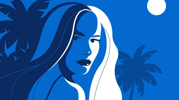 流行的女性肖像 漂亮的女性面容 造型扁平 流行的蓝色 夏天的海滩 横幅的矢量图解 — 图库矢量图片