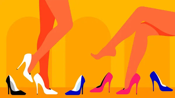 試着室です 2人のエレガントな女性が店やワードローブの靴を試着しています ハイヒールの靴 ポンプ異なる色 スリムなきれいな女性の足 季節のショッピングコンセプト — ストックベクタ