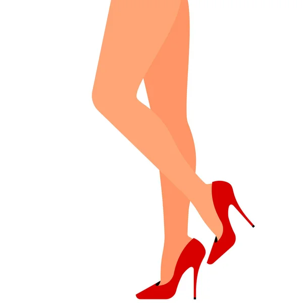 穿着红色高跟鞋的纤细女性腿 脚细的女人穿着红鞋站在那里 不同的高跟鞋在地板上 衣柜的概念 海报的矢量图解 — 图库矢量图片