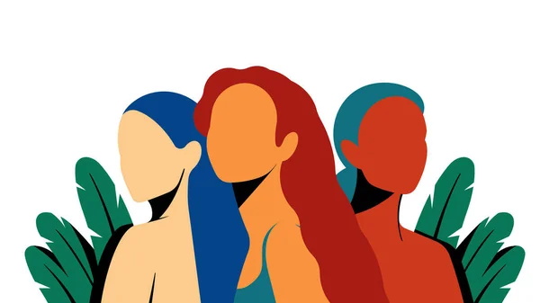 Абстрактная Группа Женщин Среди Зеленых Три Женские Фигуры Разные Красоты — стоковый вектор