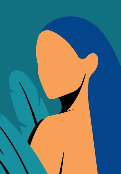 Portrait Femme Avec Épaule Nue Longs Cheveux Bleus Feuilles Plantes — Image vectorielle