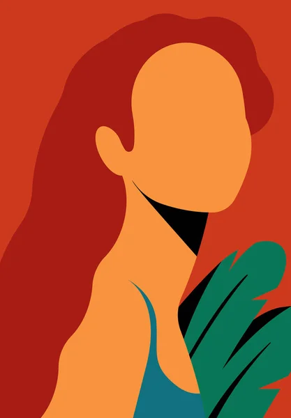 裸肩的女人画像 长长的红头发 植物叶子 带有女性面孔的抽象海报 明亮的热带当代手绘矢量 招贴画 装饰说明 — 图库矢量图片