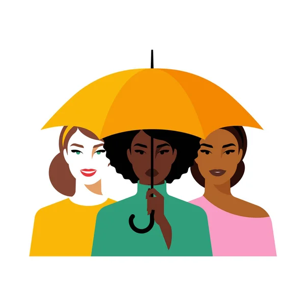 Frauen Stehen Unter Einem Gelben Regenschirm Verschiedene Lächelnde Schönheiten Freundinnen — Stockvektor