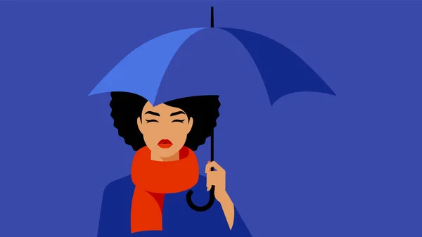 Uma Mulher Bonita Escondida Debaixo Guarda Chuva Guarda Chuva Azul Ilustrações De Stock Royalty-Free