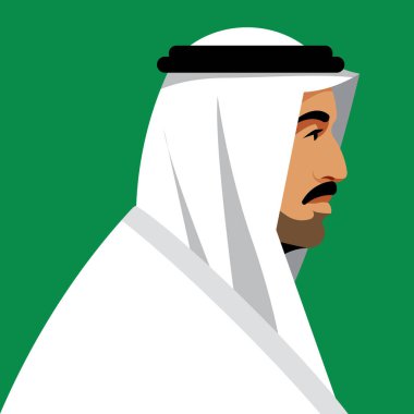 Arab business man wearing UAE traditional dress. Elderly man with beard. Male portrait, Side view, head, shoulders. Resident Middle East. Modern vector illustration clipart