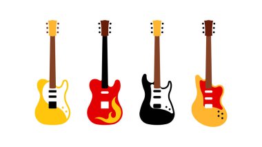 Farklı elektro gitarlar. Dizili müzik enstrümanlarının basitleştirilmiş temsili. Modern düz stil simge grubu. 