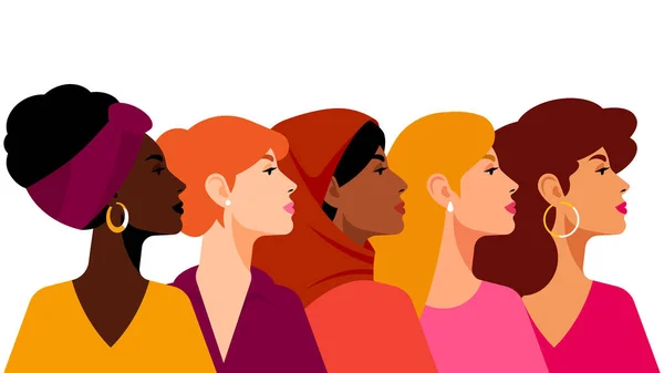 Mujeres Multiétnicas Grupo Mujeres Hermosas Con Diferente Belleza Cabello Color — Vector de stock