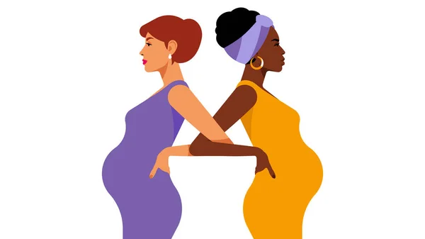 黑人孕妇和白人孕妇站在一起 年轻美丽的孕妇 对孩子的期望现实的多民族人口的现代矢量图解 — 图库矢量图片