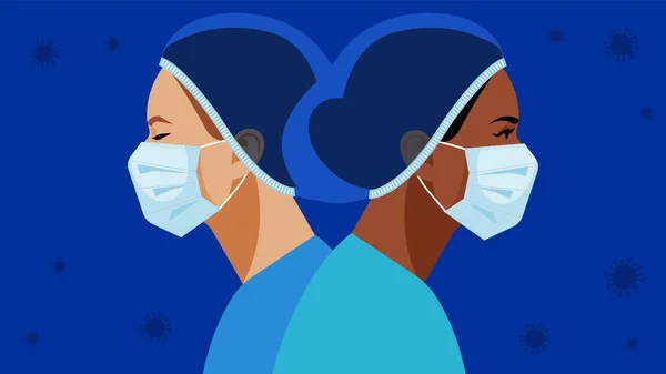 医療用マスクと帽子の看護師 空気中に浮遊するウイルス 医療スタッフはウイルス感染と戦っています 青い制服を着た看護師のベクトルイラスト — ストックベクタ