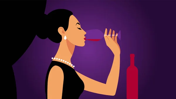 Beber Vino Hermosa Mujer Con Copa Vino Morena Está Bebiendo — Archivo Imágenes Vectoriales