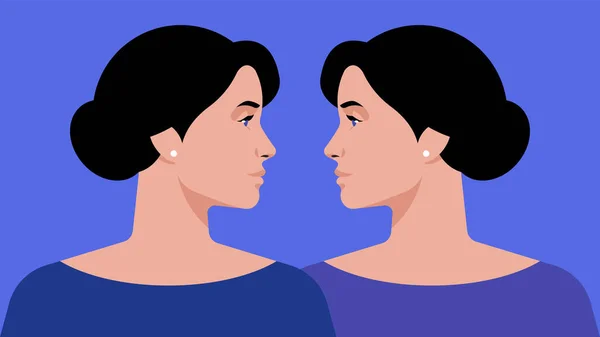 Irmãs Gêmeas Retrato Duas Mulheres Idênticas Olham Uma Para Outra Gráficos De Vetores