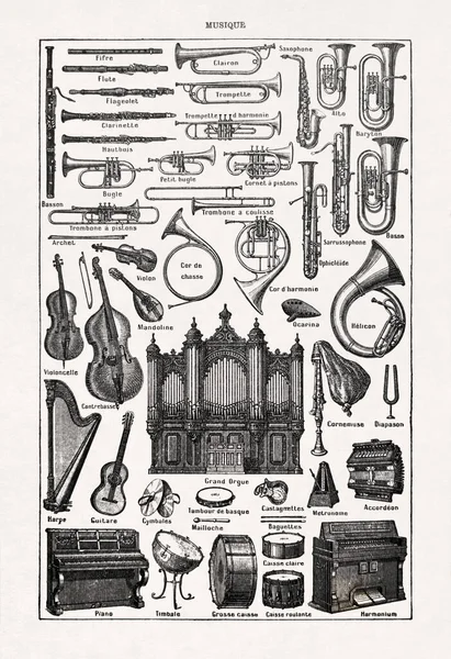 1899年にフランス語の辞書に印刷された楽器に関する古いイラスト — ストック写真