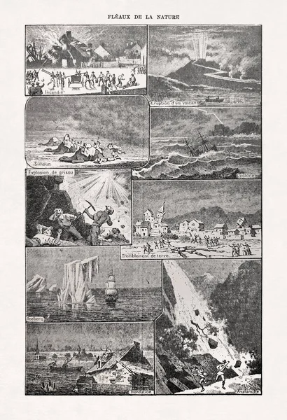 Старая Иллюстрация Стихийных Бедствиях Напечатанная Французском Словаре 1899 Году — стоковое фото