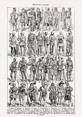 Roma İmparatorluğu 'ndan 13. Louis' e kadar olan Fransız Ordusu üniformalarının 1899 'da bir Fransızca sözlükte basıldığı eski bir illüstrasyon..