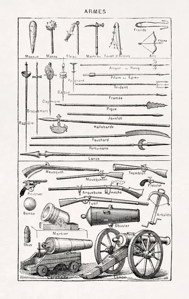 Ilustração Antiga Sobre Armas Impressas Dicionário Francês 1899 — Fotografia de Stock