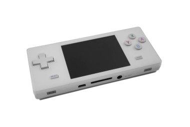 Retro beyaz el bilgisayarı oyun konsolu beyazda izole edildi. 