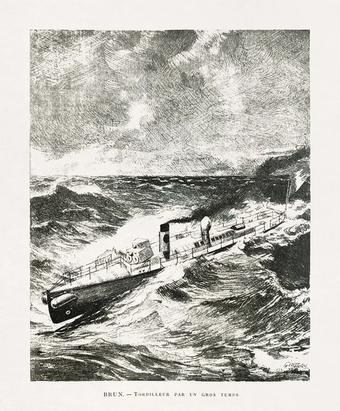 Illustration Entitled Torpedo Boat Heavy Weather Brun Engraved Gillot Published — Zdjęcie stockowe