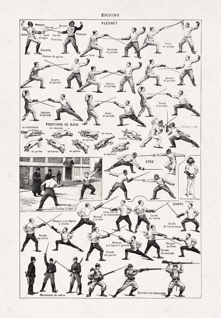 Illustration printed in a late 19th century French dictionary depicting all the fencing moves with foil and epee.