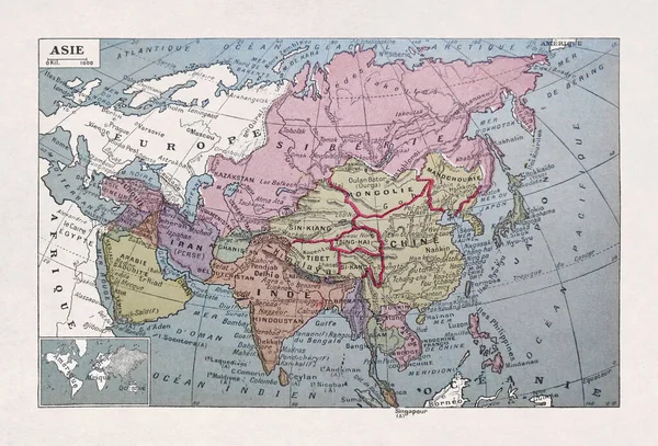 Old Map Asia Printed French Dictionary 1899 Depicts World Dawn — стокове фото