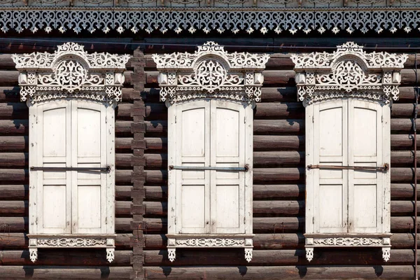 Details Window Frames Shutters Traditional Siberian Wooden House Holy Cathedral — Stock Photo, Image