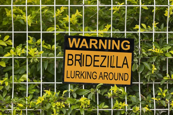 Черно Желтый Предупреждающий Знак Заборе Гласит Предупреждение Невеста Скрывается Вокруг — стоковое фото
