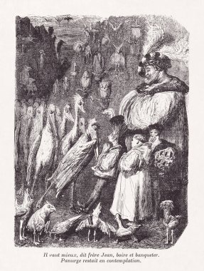 1854 'te Gustave Dore tarafından çizilen ve Rabelais' in ilk olarak 1571 'de yayımlanan çalışmalarının yeni baskısını tasvir eden çizim..