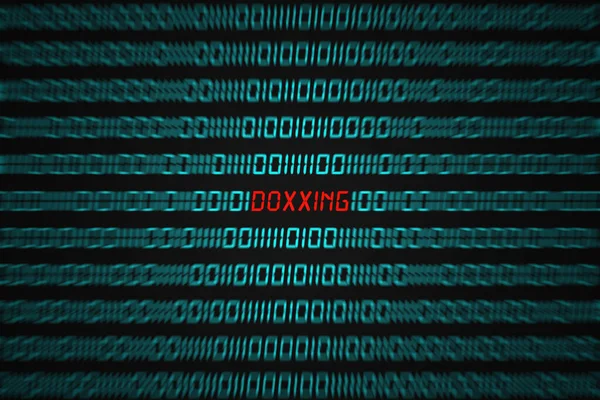 Kırmızı kelime Doxxing ikili kod dizisinin ortasına gizlenmiş.