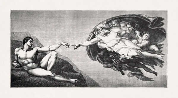 Engraving Made 1875 Cartier Fresco Michelangelo Entitled Creation Adam — Stock Photo, Image