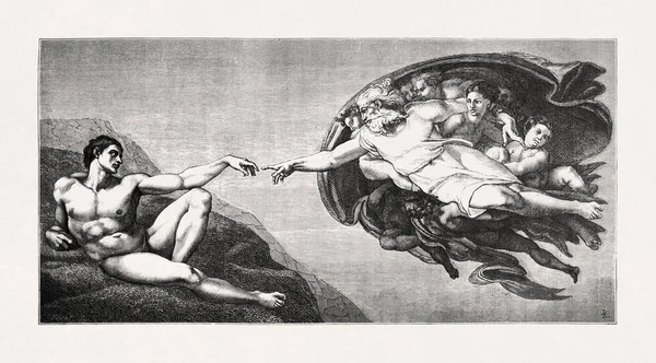 Engraving made in 1875 by Cartier of the fresco by Michelangelo entitled \