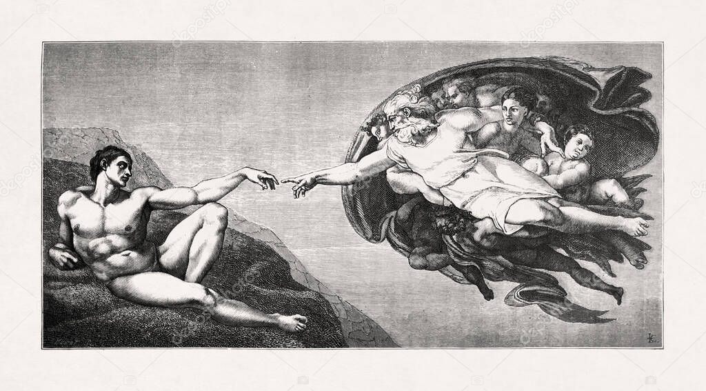 Engraving made in 1875 by Cartier of the fresco by Michelangelo entitled 