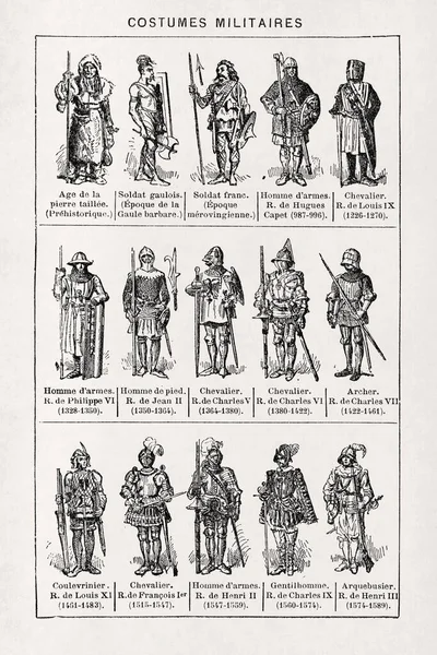 Ilustração Antiga Sobre Uniformes Exército Francês Desde Idade Pedra Até — Fotografia de Stock
