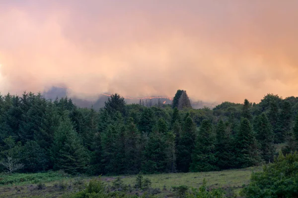 Fire Its Huge Cloud Smoke Treetops Monts Arree Seen Botmeur – stockfoto