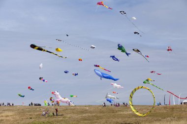 Porspoder, Fransa - 23 Temmuz 2022: Esti 'vent Saint-Laurent yarımadasının önünde her yıl düzenlenen rüzgar ve uçurtma festivali.