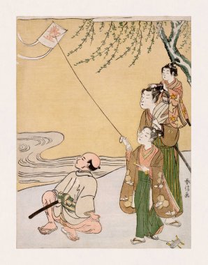 Illustration of a boy playing with a kite accompanied by his family made by Japanese artist Suzuki Harunobu during the Edo period (1766).