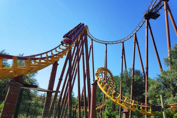 Plailly, France - August 10 2022: Goudurix is a steel roller coaster located in Parc Asterix, a theme park in France based on the comic book series Asterix by Albert Uderzo and Rene Goscinny.
