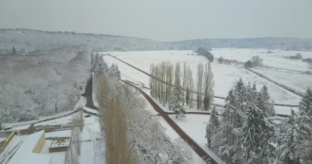 Top Tracking Shot Equestrian Training Ground Covered Snow Winter — ストック動画