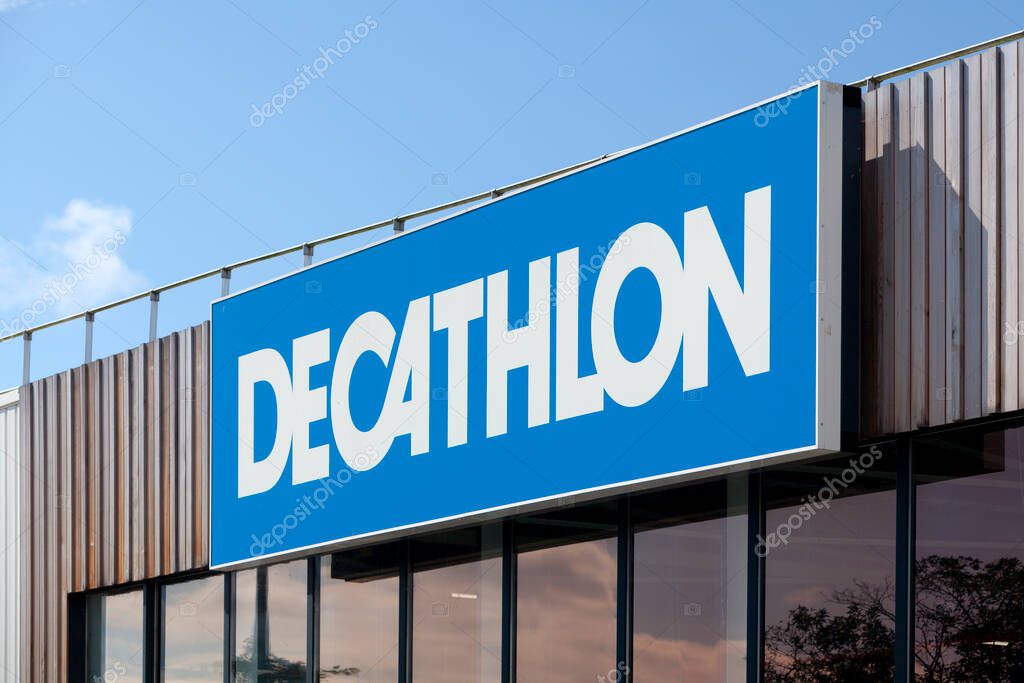 Saint-Martin-des-Champs, France - August, 24 2022: Sign of Decathlon, a French sports and leisure retailer.