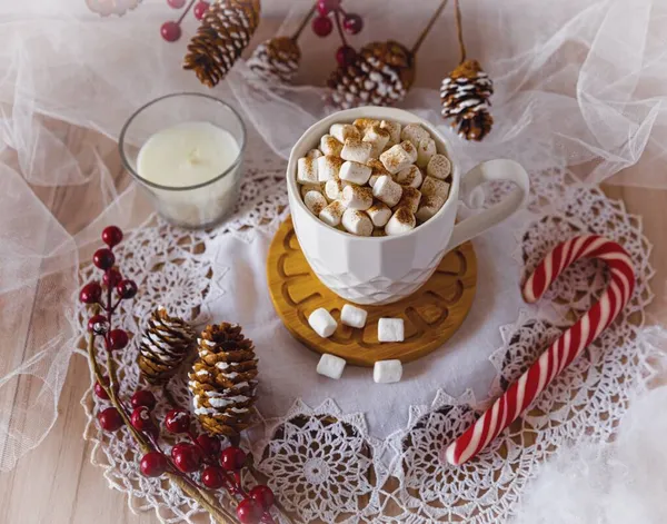 White Cup Coffee Marshmallows Top View Red Lollipop Branch Cones — Stock Photo, Image