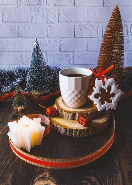 Gingerbread Cup Coffee Candle Festive Christmas New Year Composition Gift — Stock Photo, Image