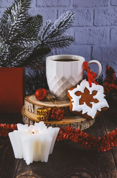 Gingerbread Cup Coffee Candle Festive Christmas New Year Composition New — Stok Foto