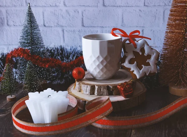 Gingerbread Cup Coffee Candle Festive Christmas New Year Composition New — стоковое фото