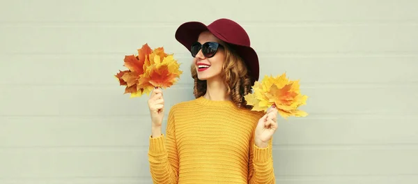 秋の肖像画の美しいです幸せな笑顔若いです女性とともに黄色のカエデの葉ニットセーター 帽子を着て灰色の背景 — ストック写真