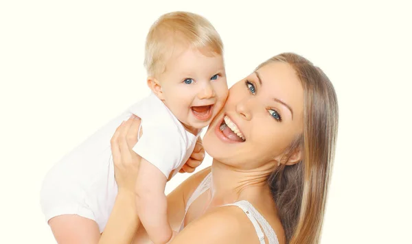 Портрет Щасливої Веселої Усміхненої Матері Дитини Грає Разом Білому Тлі — стокове фото