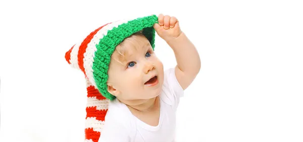 Portrait Happy Smiling Baby Knitted Winter Hat Crawls Looking White — Stock Photo, Image