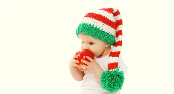 Portrait Little Baby Knitted Gnome Winter Hat Biting Red Apple — Stock Photo, Image