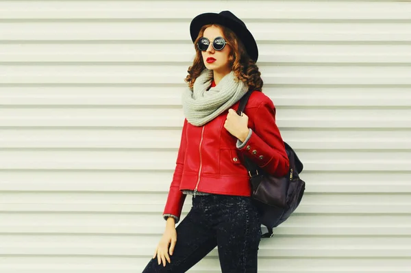 Portrait Beautiful Young Woman Backpack Posing Wearing Red Jacket Black — Stock Photo, Image